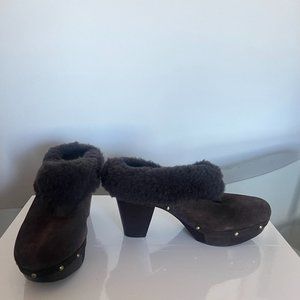 Rockport Brown Suede w/Sherling Trim Clogs, Wood Block Heal, Size 9